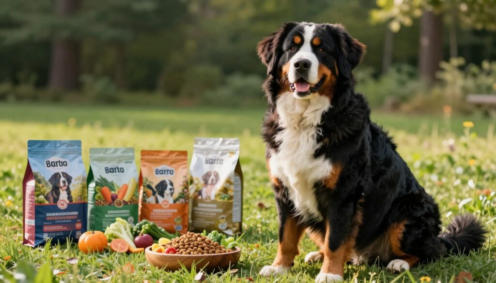 A Bernese Mountain Dog sitting on a grassy field, surrounded by a colorful array of nutritious dog food including kibble, vegetables, and fruits, emphasizing a balanced diet. In the foreground, the dog’s shiny coat gleams in the warm sunlight, highlighting its healthy physique. The middle ground features a wooden bowl filled with fresh ingredients, symbolizing proper nutrition, while a lush forest background subtly hints at the dog's natural habitat. Soft, natural lighting creates an inviting and serene atmosphere, capturing the essence of vitality and wellness. The focus is on the dog’s engaging expression, radiating health and happiness, with a slight depth of field to emphasize the subject.