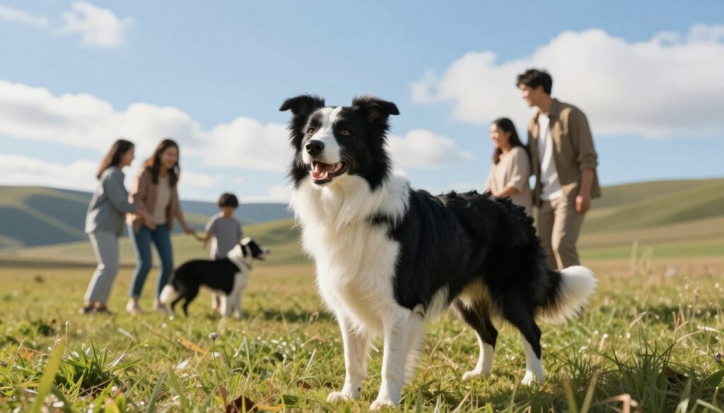A Border Collie, embodying its characteristic intelligence and energy, stands proudly in the foreground, showcasing its sleek, multi-colored fur, with distinctive black and white markings. The dog is depicted in an outdoor setting, perhaps a grassy field, symbolizing vitality and health. In the middle ground, a family of four, dressed in modest casual clothing, interact playfully with the dog, reflecting the bond between humans and animals, emphasizing companionship and the importance of an active lifestyle. The background features rolling hills under a bright blue sky, adorned with fluffy clouds, creating a serene atmosphere. Soft morning light bathes the scene, highlighting the vibrant colors and bringing a sense of warmth and positivity, evoking the idea of longevity and well-being in relation to the breed's genetics.