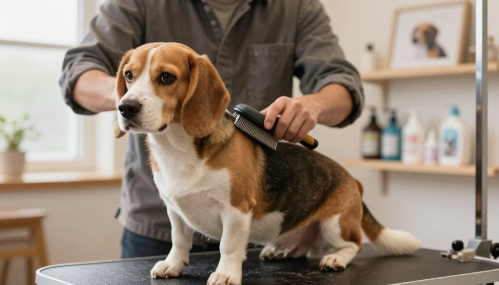A beagle undergoing grooming in a serene indoor setting, with a focus on its silky coat being brushed. The foreground features a neatly groomed beagle sitting on a grooming table, highlighting its expressive eyes and relaxed demeanor. In the middle, a professional groomer, dressed in casual attire, gently brushes the dog's fur, showcasing grooming tools like a brush and comb. Soft, warm lighting filters through a nearby window, creating a cozy atmosphere. The background includes shelves with pet care products and framed pictures of dogs, emphasizing the focus on daily pet care. The image conveys a sense of care and companionship, ideal for illustrating the importance of regular grooming in a beagle's life.