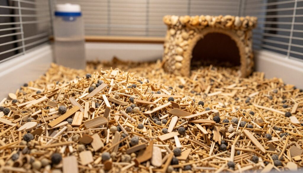A beautifully arranged small animal cage featuring layers of wooden litter and pellets to showcase an ideal substrate for guinea pigs. In the foreground, a close-up of the fine, natural-looking wooden bedding, highlighting its texture and color, with a few scattered pellets for contrast. In the middle ground, the spacious cage environment includes minimalistic accessories like a water bottle and a comfy hideout made from natural materials. The background features soft lighting to create a warm and inviting atmosphere, emphasizing the safety and comfort of the space. A shallow depth of field focuses on the bedding while gently blurring the background elements, adding a peaceful ambiance perfect for illustrating the subject matter.