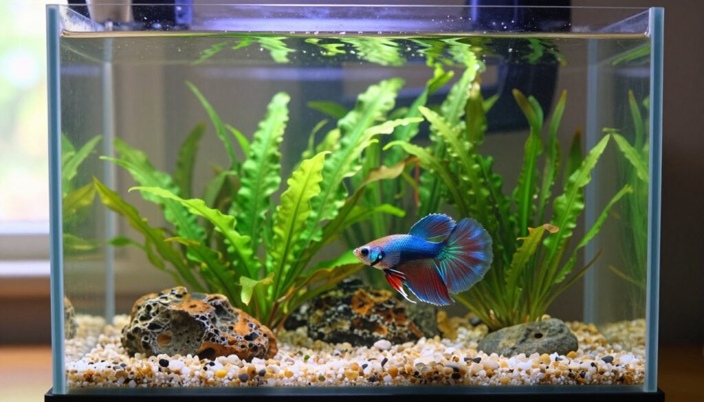 A beautifully designed aquarium for a Betta fish, showcasing a vibrant underwater scene. In the foreground, the Betta fish with its flowing fins swims gracefully among lush green plants like Java fern and Anubias. The middle ground features soft gravel substrate and decorative rocks, while the background reveals a soft, blurred aquascape with more plants and LED lighting casting a gentle glow, enhancing the colors of the fish and plants. The aquarium is set in a well-lit room, with sunlight streaming through a nearby window, creating a warm and inviting atmosphere. The overall mood is tranquil and serene, highlighting the ideal living conditions for a Betta fish in a spacious tank instead of a bowl. A beautifully designed aquarium for a Betta fish, showcasing a vibrant underwater scene. In the foreground, the Betta fish with its flowing fins swims gracefully among lush green plants like Java fern and Anubias. The middle ground features soft gravel substrate and decorative rocks, while the background reveals a soft, blurred aquascape with more plants and LED lighting casting a gentle glow, enhancing the colors of the fish and plants. The aquarium is set in a well-lit room, with sunlight streaming through a nearby window, creating a warm and inviting atmosphere. The overall mood is tranquil and serene, highlighting the ideal living conditions for a Betta fish in a spacious tank instead of a bowl.