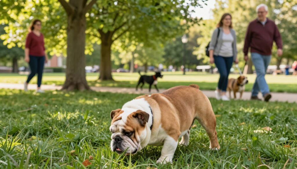 A charming English Bulldog enjoying a leisurely stroll in a lush park, embodying the ideal activities for a dog. In the foreground, the Bulldog is playfully sniffing the grass, showcasing its gentle and affectionate nature. The middle ground features a few vibrant green trees and a pathway where responsible dog owners, dressed in casual attire, walk their pets, emphasizing a communal atmosphere. In the background, soft sunlight filters through the leaves, casting a warm glow on the scene. The mood is tranquil and delightful, highlighting the importance of balanced exercise for the dog’s health without overexertion. The overall composition should evoke a sense of joy and care for the dog's well-being, with a focus on harmonious living conditions.