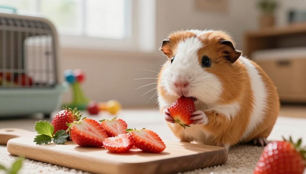 A charming guinea pig nibbling on fresh, juicy strawberries in a cozy indoor setting. In the foreground, focus on the guinea pig with its soft, fluffy fur and curious expression, delicately holding a small piece of strawberry in its paws. In the middle, set a variety of strawberry slices laid out on a wooden cutting board, alongside a few leaves, showcasing the recommended portion size. The background features a softly lit room with gentle sunlight filtering through a window, casting a warm glow. Surrounding elements include a small pet cage and some colorful toys, creating a friendly atmosphere. The overall mood is playful and inviting, perfect for highlighting the healthy treat for guinea pigs.