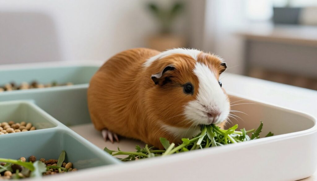 A charming guinea pig, with a glossy, soft coat in shades of brown and white, is nestled comfortably in a cozy, minimalist habitat equipped with a colorful, tidy feeding area. In the foreground, the guinea pig is gently nibbling on fresh, crisp greens, showcasing its playful nature. The middle ground features a well-organized feeding station with a few scattered pellets, emphasizing cleanliness. The background includes a softly blurred view of a room filled with natural light, emphasizing a cozy and inviting atmosphere. The composition captures the intimate bond between pets and their humans, evoking warmth and care. The scene is well-lit to enhance the textures of the guinea pig's fur, with a focus on natural colors and a peaceful, homey vibe, presented from a slightly elevated angle.