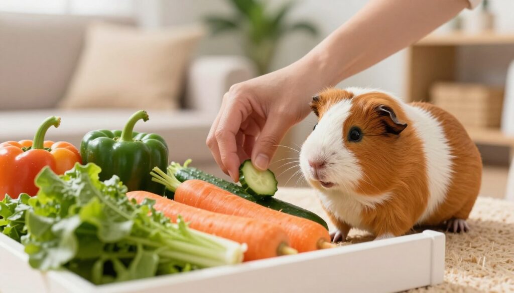 A cheerful guinea pig curiously examining a colorful array of fresh vegetables, including leafy greens, bell peppers, and carrots, arranged on a bright, clean feeding station. In the foreground, the guinea pig's soft fur glistens under warm, natural lighting. The middle ground features a gentle hand reaching down to introduce a piece of cucumber into the guinea pig's diet, symbolizing the step-by-step process of introducing new foods. In the background, a cozy indoor environment filled with soft bedding and a green plant hints at a nurturing home. The mood is warm and inviting, showcasing a harmonious interaction between the pet and its owner, emphasizing care and nutrition. The focus is sharp, with a soft bokeh effect enhancing the subjects.