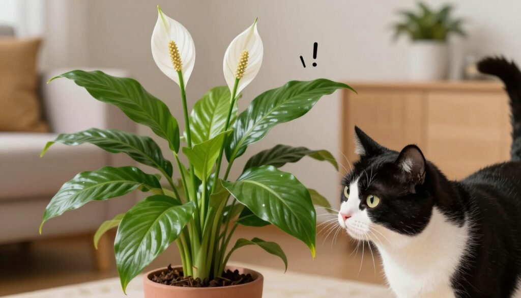 A close-up illustration of a cat cautiously approaching a dangerous houseplant, the Peace Lily (Spathiphyllum), in a cozy living room setting. In the foreground, the curious feline, a fluffy black and white domestic cat, sniffs the vibrant green leaves of the plant. In the middle ground, the Peace Lily stands prominently, showcasing its glossy foliage and white blooms, while subtle warning signs like a tiny exclamation mark icon placed nearby could imply the plant's toxicity. The background features soft, warm lighting that enhances the homey atmosphere, with hints of furniture and decorative items blurred slightly to keep the focus on the cat and the plant. The scene conveys a sense of intrigue and caution, capturing the essence of pet safety in relation to houseplants.