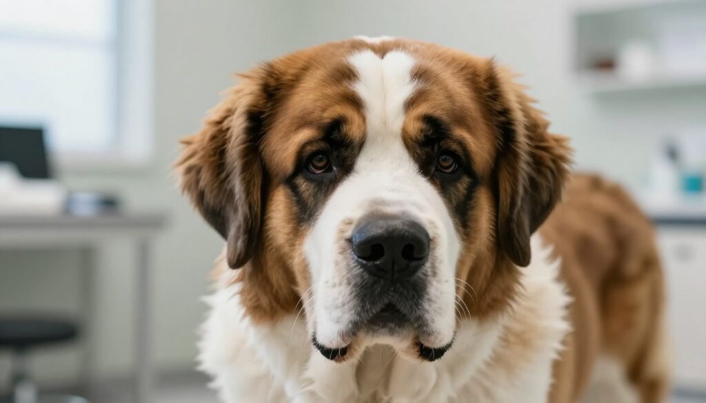 A close-up image of a Saint Bernard dog, showcasing its expressive eyes and gentle features, highlighting common health issues such as a slight limp or signs of aging. The foreground focuses on the dog's face, capturing its soulful expression, with a slightly blurred background of a veterinary clinic to suggest the medical context. Soft, natural lighting illuminates the scene, giving it a warm and compassionate feel. A shallow depth of field emphasizes the dog, creating an emotional connection with the viewer. The overall mood is somber yet hopeful, aiming to convey the importance of care and awareness regarding the breed's health challenges.