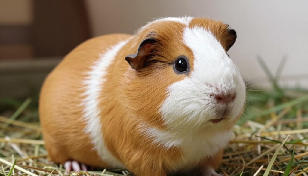A close-up image of a female guinea pig, showcasing its distinct features and subtle differences from males. The guinea pig has a smooth, shiny coat with a blend of light brown and white fur, emphasizing its gentle and calm expression. The animal is positioned in the foreground, sitting on soft bedding that reflects its natural habitat. The middle ground features a slightly blurred background of a cozy living environment, with hints of green grass and hay, creating a warm and inviting atmosphere. Soft, natural lighting illuminates the guinea pig, enhancing the texture of its fur and making it appear lively. The camera angle is slightly tilted to capture the charm and personality of the guinea pig, conveying a serene and affectionate mood.