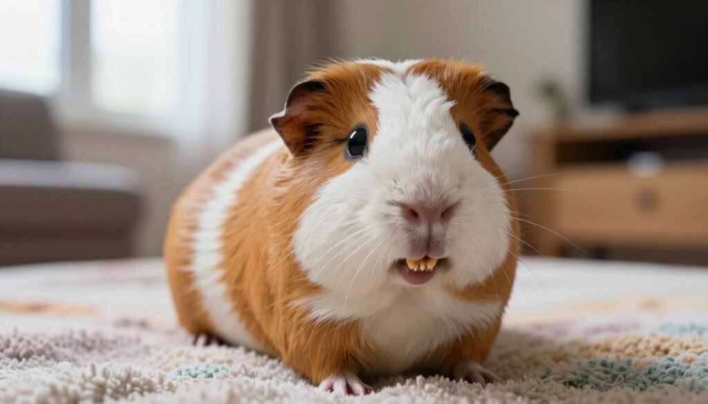 A close-up image of a healthy guinea pig with prominently growing teeth, set in a cozy home environment on a soft, colorful blanket. The guinea pig is looking curiously at the viewer, with its mouth slightly open to reveal its long, continuously growing incisors. The foreground features the guinea pig’s face in sharp focus, while the background gently blurs out, showcasing a well-lit living space with soft, natural lighting. The mood is warm and inviting, suggesting a loving pet environment. The lens perspective should be at eye level with the guinea pig to create a personal connection with the viewer.