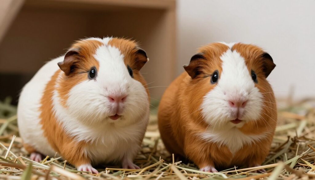 A close-up, informative image depicting a male and female guinea pig side by side, highlighting their distinct physical characteristics. In the foreground, the male guinea pig should have noticeable traits such as a more pronounced shape of the genital area, while the female should exhibit a different shape. Both guinea pigs should be placed on a soft, natural bedding of hay, with gentle lighting to create a warm atmosphere that emphasizes their textures. In the middle ground, a soft focus on the guinea pigs captures the details of their fur, patterns, and features, with a slight bokeh effect in the background showcasing a cozy, indoor habitat. The overall mood is educational and friendly, perfect for illustrating the differences between genders.
