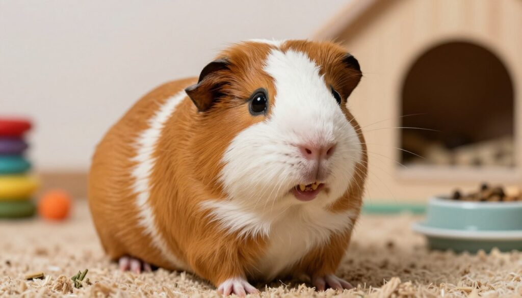 A close-up of a concerned guinea pig, highlighting its teeth showing signs of overgrowth and misalignment. The guinea pig, with a shiny, well-groomed fur coat in shades of brown and white, sits on a soft, natural-colored bedding in a cozy indoor environment. In the background, a blurred vision of a small pet habitat with chew toys and food dishes indicates a clean, healthy living space. The lighting is soft and warm, creating an inviting and gentle atmosphere, while a shallow depth of field draws focus on the guinea pig's face, emphasizing its expressive eyes and dental condition. The image conveys urgency, raising awareness about dental issues in pet guinea pigs.