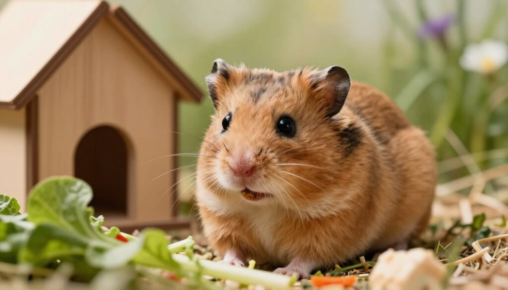 A close-up of a cute, fluffy Dzungarian hamster sitting in a cozy, natural habitat. The hamster has soft light brown fur with darker stripes, tiny black eyes, and prominent cheeks full of food. In the foreground, the hamster is curiously looking around, surrounded by soft bedding material and small pieces of fresh vegetables. The middle ground features green leaves and a small wooden house, providing a sense of security. The background shows a softly blurred natural setting with hints of grass and wildflowers, creating a peaceful atmosphere. The warm, gentle lighting gives the scene a comforting mood, inviting viewers to feel empathy toward this timid creature. The image captures the essence of a Dzungarian hamster's character while emphasizing its sensitive nature.
