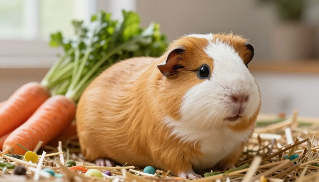 A close-up of a pregnant guinea pig, showcasing its rounded belly and soft, shiny fur in rich golden and white shades. The foreground features the guinea pig nestled comfortably in a cozy, natural habitat like a soft bed of hay and colorful bedding. In the middle ground, fresh vegetables like carrots and leafy greens are artistically arranged, symbolizing optimal diet and care during pregnancy. The background is softly blurred, hinting at a serene living space with gentle natural lighting filtering through, creating a warm, nurturing atmosphere. The focus is on the guinea pig's expressive eyes, conveying a sense of calm and contentment. The overall mood is one of gentleness and care, reflecting the joy of expecting a new life.