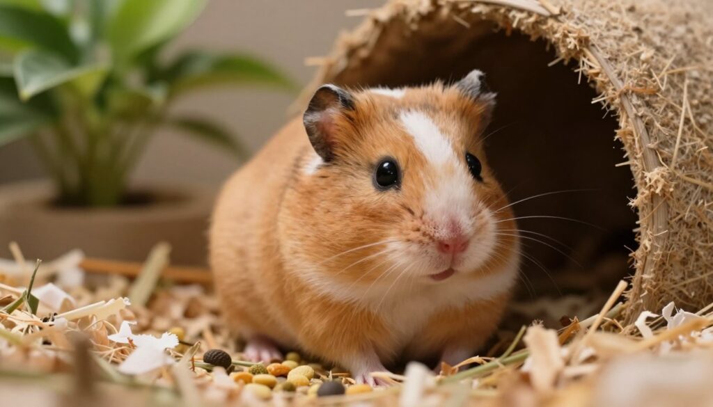 A close-up of a pregnant hamster sitting comfortably in its cozy burrow, showcasing its round belly and soft fur. The focus is on the hamster, with gentle, warm lighting that highlights its features, creating a serene atmosphere. In the foreground, the hamster is surrounded by bedding materials such as shredded paper and soft hay, suggesting a nurturing environment. In the middle, small food pellets are visible, indicating its care needs. The background consists of blurred natural elements, like a green leafy plant and the soft contours of the burrow tunnel, enhancing the sense of a safe habitat. The scene conveys calmness and maternal instincts, capturing the essence of pregnancy symptoms in hamsters.
