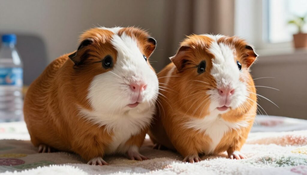 A close-up of two healthy guinea pigs, one male and one female, sitting on a soft, colorful blanket. The male is a robust brown-and-white variety, while the female is a smaller, lighter-colored breed, showcasing their size differences. Focus on their faces, which display curiosity with expressive eyes and twitching noses. Soft, natural light from a nearby window casts gentle shadows, creating a warm atmosphere. In the background, a cozy living space is subtly blurred, with soft toys and a water bottle for a homey feel. The mood is cheerful and inviting, emphasizing their playful nature while lovingly capturing their physical traits that relate to their weight and body structure.