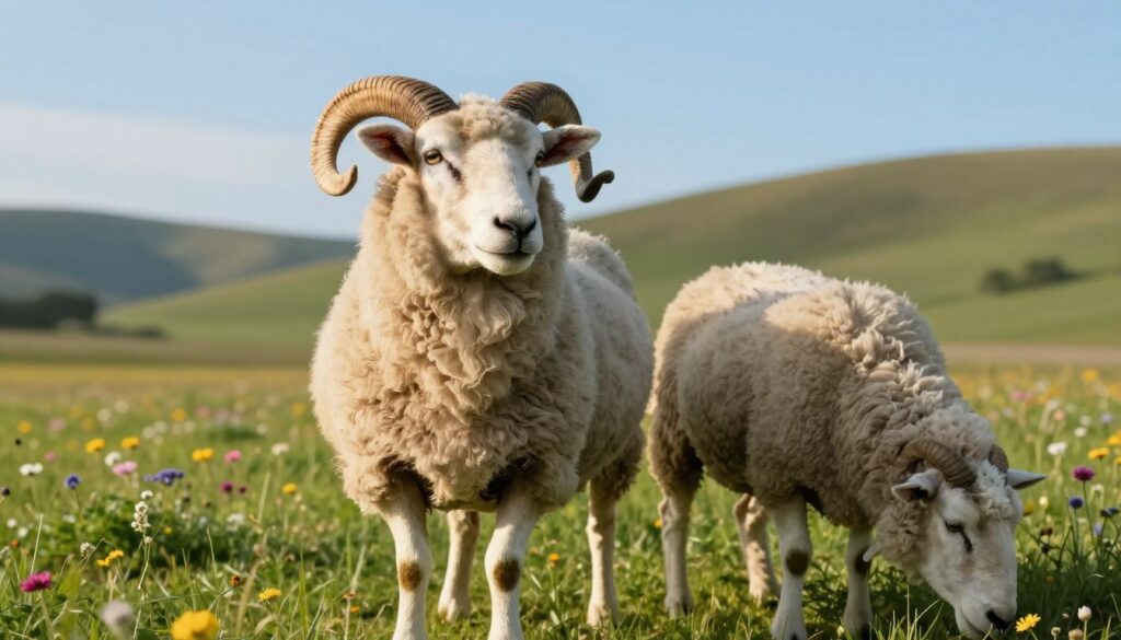 A close-up scene depicting a male sheep (ram) and a female sheep (ewe) in a serene pasture. In the foreground, the ram stands proudly, showcasing its impressive curved horns, while the ewe grazes beside it, highlighting a soft, woolly coat. The middle ground features lush green grass dotted with colorful wildflowers, emphasizing a vibrant natural habitat. In the background, rolling hills under a clear blue sky create a peaceful atmosphere, with a gentle sun casting warm light on the scene. The image should capture the contrast between the two sheep, symbolizing their different roles within the flock, evoking a sense of tranquility and connection to nature. Aim for a high-resolution, realistic style, emphasizing details in the wool texture and facial expressions. A close-up scene depicting a male sheep (ram) and a female sheep (ewe) in a serene pasture. In the foreground, the ram stands proudly, showcasing its impressive curved horns, while the ewe grazes beside it, highlighting a soft, woolly coat. The middle ground features lush green grass dotted with colorful wildflowers, emphasizing a vibrant natural habitat. In the background, rolling hills under a clear blue sky create a peaceful atmosphere, with a gentle sun casting warm light on the scene. The image should capture the contrast between the two sheep, symbolizing their different roles within the flock, evoking a sense of tranquility and connection to nature. Aim for a high-resolution, realistic style, emphasizing details in the wool texture and facial expressions.