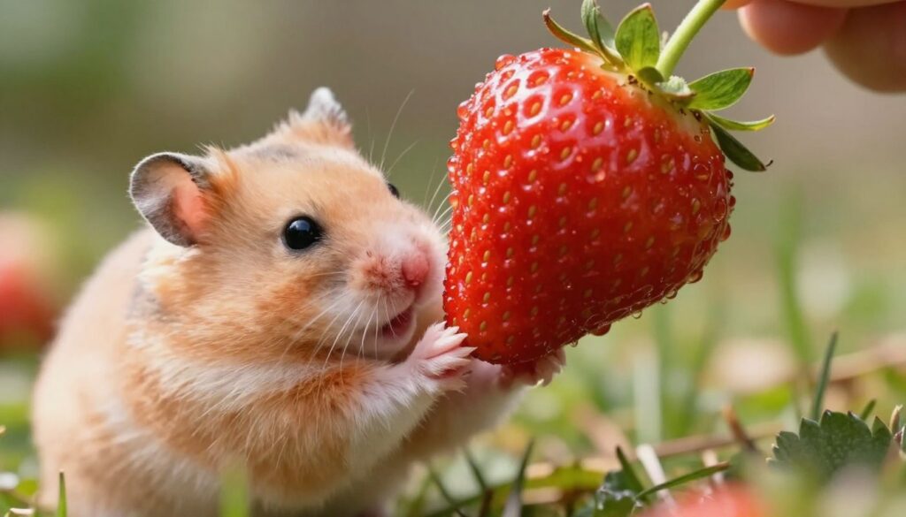 A close-up scene featuring a hamster curiously inspecting a fresh strawberry, set in a cozy, well-lit environment. The foreground focuses on the hamster, with its soft fur detailed and its tiny paws delicately holding the strawberry, emphasizing its inquisitiveness. In the middle, a vibrant, ripe strawberry glistens with dew, showcasing its luscious red color and green leaves. The background is softly blurred, hinting at a natural habitat with hints of grass and gentle sunlight filtering through, creating a warm and inviting atmosphere. The lighting is soft and natural, enhancing the freshness of the strawberry while maintaining a focus on the hamster's expressive features, capturing a moment of joy and healthy exploration. A close-up scene featuring a hamster curiously inspecting a fresh strawberry, set in a cozy, well-lit environment. The foreground focuses on the hamster, with its soft fur detailed and its tiny paws delicately holding the strawberry, emphasizing its inquisitiveness. In the middle, a vibrant, ripe strawberry glistens with dew, showcasing its luscious red color and green leaves. The background is softly blurred, hinting at a natural habitat with hints of grass and gentle sunlight filtering through, creating a warm and inviting atmosphere. The lighting is soft and natural, enhancing the freshness of the strawberry while maintaining a focus on the hamster's expressive features, capturing a moment of joy and healthy exploration.