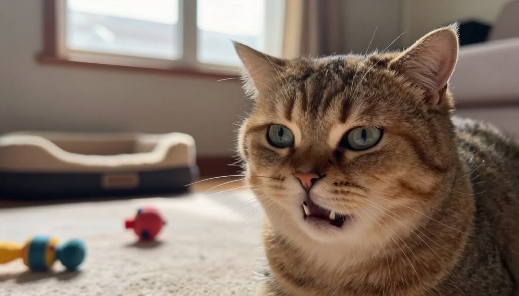 A close-up view of a domestic cat displaying various emotions and behaviors associated with biting, set in a cozy living room. In the foreground, the cat's face shows curiosity and mild distress, with its ears slightly flattened and eyes wide. In the middle, a few scattered toys and a comfortable cat bed indicate a playful yet slightly stressed environment. In the background, a window allows soft, warm sunlight to filter in, creating a calm atmosphere. The lighting is bright yet gentle, casting soft shadows. The mood is thoughtful and introspective, capturing the complex reasons behind a cat’s tendency to bite, such as fear, overstimulation, and playfulness. No text or additional elements are included in the image.