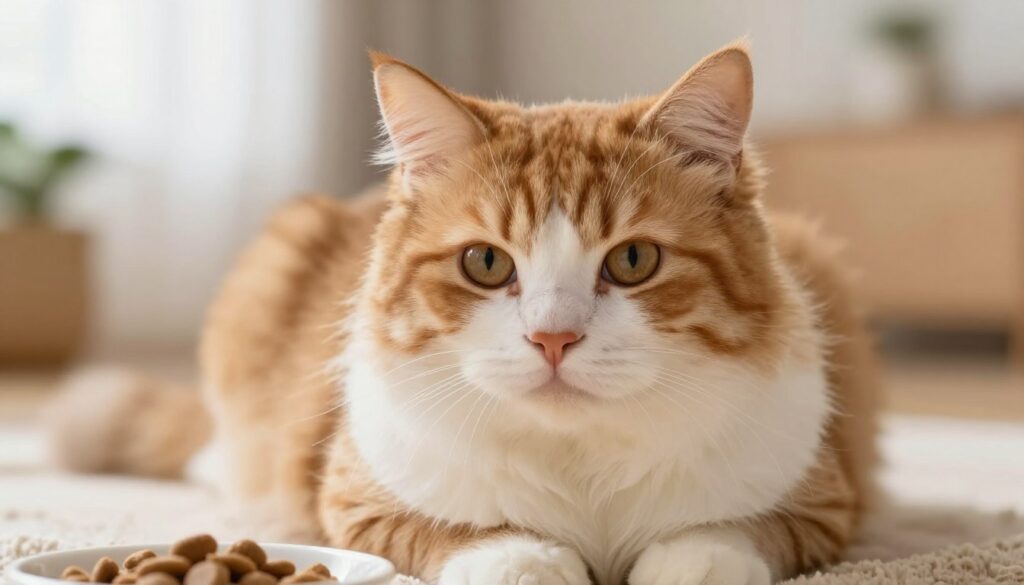 A close-up view of a fluffy, well-groomed cat's fur, showcasing a rich blend of colors such as orange, brown, and white, emphasizing its softness and healthiness. The background is softly blurred to focus on the cat's luxurious coat, with warm, diffused natural lighting that highlights the texture of the fur. The cat appears relaxed and content, sitting on a cozy blanket in a bright, inviting indoor setting. In the foreground, subtle hints of a pet food bowl can be seen, suggesting a connection to its diet. The overall atmosphere is warm and serene, conveying the idea of a happy, healthy feline companion flourishing from a good diet.