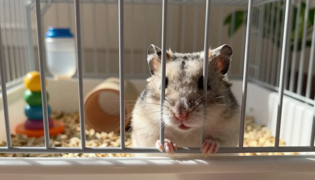 A close-up view of a gentle, curious Dzungarian hamster peeking through the bars of its small, cozy cage. The foreground features the hamster's soft, fluffy fur in light shades of gray and white, with tiny paws gripping the bars, showcasing its innocent demeanor. In the middle, the cage environment includes colorful chew toys, a water bottle, and a small tunnel, reflecting a playful atmosphere. The background captures a softly lit room, with warm, inviting colors, including a hint of greenery from a nearby plant. Natural sunlight streams in, casting soft shadows that add depth and warmth. The mood conveys a sense of trust and companionship, highlighting the journey of taming the hamster step by step.