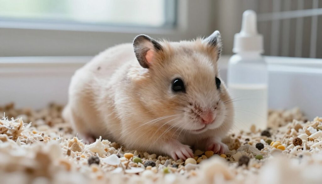 A close-up view of a hamster lying in a cozy, comfortable habitat, showcasing visible signs of distress. The hamster, with its soft fur in shades of beige and white, appears lethargic and unresponsive. Capture the tiny paws, slightly curled, and a relaxed, droopy face to emphasize its critical state. The foreground features a fluffy bedding material for comfort, while the middle ground includes a small water bottle and scattered food pellets, suggesting neglect. In the background, a soft, natural light filters through a nearby window, creating a calm yet somber atmosphere, highlighting the seriousness of monitoring a pet's well-being. The image should evoke empathy and concern, capturing the essence of caring for a pet in distress.
