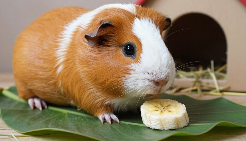 A close-up view of a healthy guinea pig curiously inspecting a banana slice on a clean, vibrant green leaf. The guinea pig’s fur is a glossy blend of orange and white hues, reflecting soft, natural lighting that highlights its features. In the background, there are subtle hints of a cozy indoor habitat, like a few scattered pieces of hay and a small, safe hideout. The focus is on the guinea pig's inquisitive expression as it leans toward the banana slice, suggesting a mix of curiosity and caution. The overall atmosphere is warm and inviting, aiming to convey the idea of moderation in treats and the potential risks of overindulgence. The image should evoke a sense of playful exploration while remaining informative and visually engaging. A close-up view of a healthy guinea pig curiously inspecting a banana slice on a clean, vibrant green leaf. The guinea pig’s fur is a glossy blend of orange and white hues, reflecting soft, natural lighting that highlights its features. In the background, there are subtle hints of a cozy indoor habitat, like a few scattered pieces of hay and a small, safe hideout. The focus is on the guinea pig's inquisitive expression as it leans toward the banana slice, suggesting a mix of curiosity and caution. The overall atmosphere is warm and inviting, aiming to convey the idea of moderation in treats and the potential risks of overindulgence. The image should evoke a sense of playful exploration while remaining informative and visually engaging.
