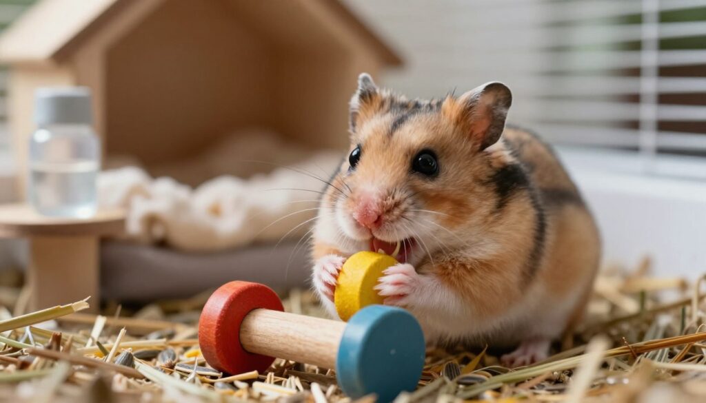A close-up view of a playful hamster actively chewing on a colorful wooden chew toy, highlighting its small, bright teeth and joyful expression. The foreground features the hamster with its tiny paws gripping the toy, surrounded by scattered bits of hay and seeds, symbolizing its natural habitat. In the middle ground, a cozy, well-furnished cage with soft bedding and a small water bottle adds context to the hamster's environment. The background is softly blurred to create a warm and inviting atmosphere, emphasizing the cute details of the hamster. The scene is illuminated by soft, natural light, creating gentle shadows that enhance the textures. The overall mood is cheerful and vibrant, capturing the essence of a happy and engaged pet enjoying its favorite pastime.