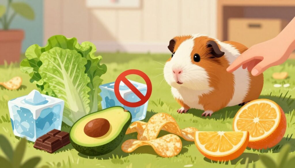 A colorful and engaging illustration of forbidden foods for guinea pigs, featuring a vibrant composition. In the foreground, a variety of hazardous items such as icebergs of iceberg lettuce, avocado slices, dark chocolate pieces, potato chips, and citrus fruits are artistically arranged, emphasizing their prohibition. The middle ground includes a cute guinea pig looking curiously at the foods but being kept at bay by a gentle hand reaching out as if to stop it. The background is a soft-focus pet care setting with green grass and a cozy indoor environment, creating a safe feeling. Soft, warm lighting enhances the scene, casting gentle shadows that add depth, while a slightly angled view invites the viewer into this important aspect of guinea pig care. The atmosphere is informative yet friendly, aiming to educate pet owners about diet risks.