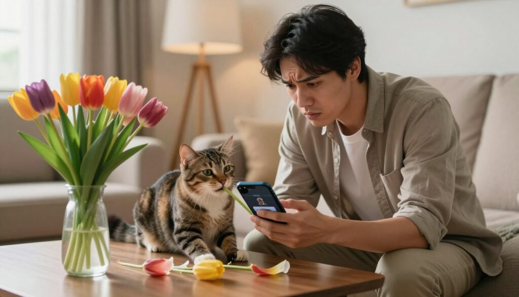 A concerned cat owner in a cozy living room, kneeling beside a curious cat that has just nibbled on a tulip. The owner, with a worried expression, is gently holding a smartphone displaying a pet safety app, emphasizing the urgency of the situation. In the foreground, a vase with vibrant tulips sits on a coffee table, with some petals scattered around. The middle ground features the cat, a fluffy tabby, looking up at its owner, with a bouquet of tulips in soft focus behind them. The background showcases a warm, inviting room with soft lighting from a nearby window, evoking a caring atmosphere. The image should capture the moment of concern and care for the pet's safety, without any text or distractions. A concerned cat owner in a cozy living room, kneeling beside a curious cat that has just nibbled on a tulip. The owner, with a worried expression, is gently holding a smartphone displaying a pet safety app, emphasizing the urgency of the situation. In the foreground, a vase with vibrant tulips sits on a coffee table, with some petals scattered around. The middle ground features the cat, a fluffy tabby, looking up at its owner, with a bouquet of tulips in soft focus behind them. The background showcases a warm, inviting room with soft lighting from a nearby window, evoking a caring atmosphere. The image should capture the moment of concern and care for the pet's safety, without any text or distractions.