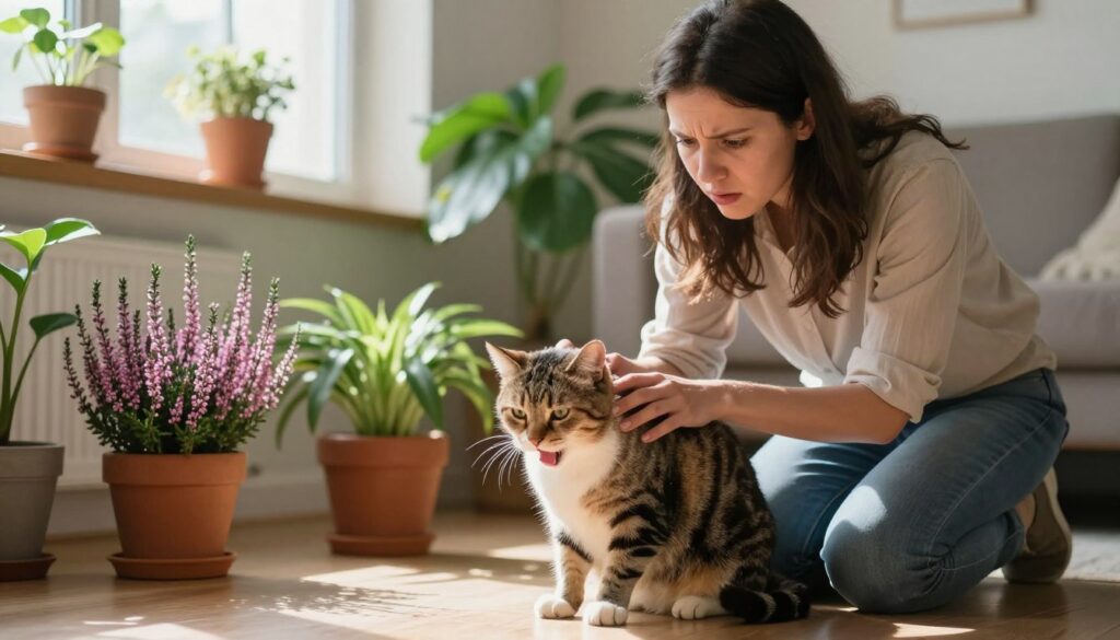 A concerned cat owner is kneeling beside a distressed cat in a cozy living room filled with potted plants, focusing on the cat's subtle signs of plant poisoning. In the foreground, the cat displays symptoms like drooling, lethargy, and a tense posture, while the owner gently touches the cat's fur with a worried expression. The middle ground shows various common houseplants, including heather (wrzos) contrasted with safe plants, creating a sense of urgency and alarm. In the background, warm sunlight filters through a window, casting soft light that enhances the mood of concern and vigilance. The overall atmosphere conveys a protective environment, highlighting the importance of recognizing symptoms of poisoning in pets.