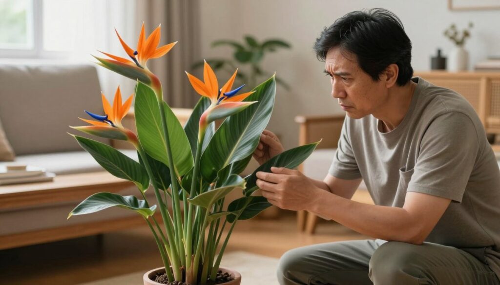 A concerned cat owner kneels beside a vibrant, colorful Strelitzia plant in a cozy living room. The foreground features the owner, a middle-aged individual dressed in modest casual clothing, inspecting the Strelitzia's leaves with a worried expression. In the middle ground, the Strelitzia, with its large, bold green leaves and striking orange and blue flowers, contrasts against the warmer tones of the wooden furniture and soft lighting. The background showcases a serene setting with soft, diffused light streaming through a window, creating a calm, yet urgent atmosphere. This scene conveys the emotional moment of realizing the risks posed by the plant to their pet, highlighting both concern and the beauty of the plant.