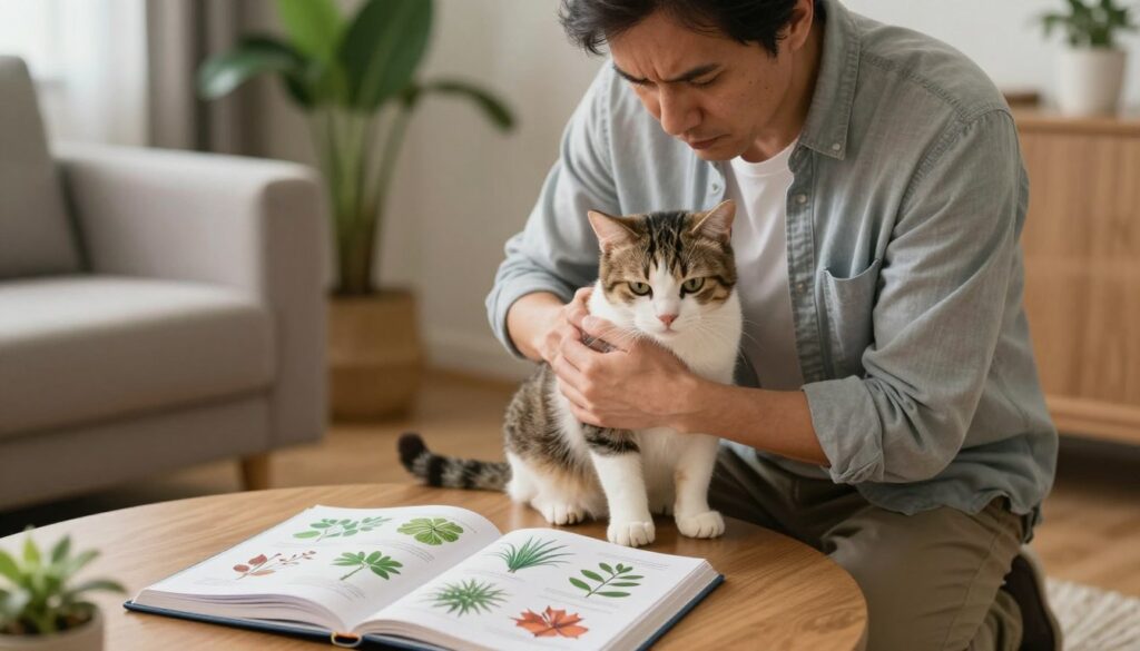 A concerned cat owner kneels beside their pet cat, which appears lethargic, in a cozy living room setting. The owner, a middle-aged person in casual but neat clothing, gently cradles the cat in their arms, looking worried but focused. In the foreground, there's a vet book open on a coffee table, with illustrations of poisonous plants. The soft, warm lighting creates a reassuring atmosphere, emphasizing the owner's care for their pet. In the background, a few houseplants are visible, hinting at the potential source of the issue. The angle captures the intimate moment, allowing viewers to feel the urgency and compassion in the situation, highlighting the need for immediate first aid and veterinary support for the cat.
