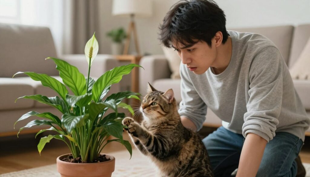 A concerned domestic cat owner kneels beside a small green plant, looking worried as the cat curiously sniffs the leaves. The foreground features the owner, a young adult wearing casual but modest clothing, with a focused expression, emphasizing concern for the pet. In the middle ground, the cat, a fluffy tabby, is playfully pawing at the plant, which is a peace lily, known for its potential toxicity to cats. The background showcases a cozy living room with soft lighting, highlighting the urgency of the situation. Use natural, warm tones to evoke a sense of domestic life and care, while maintaining an atmosphere of alertness and concern. Capture this moment from a slightly low angle to enhance the sense of interaction between the cat and the owner.