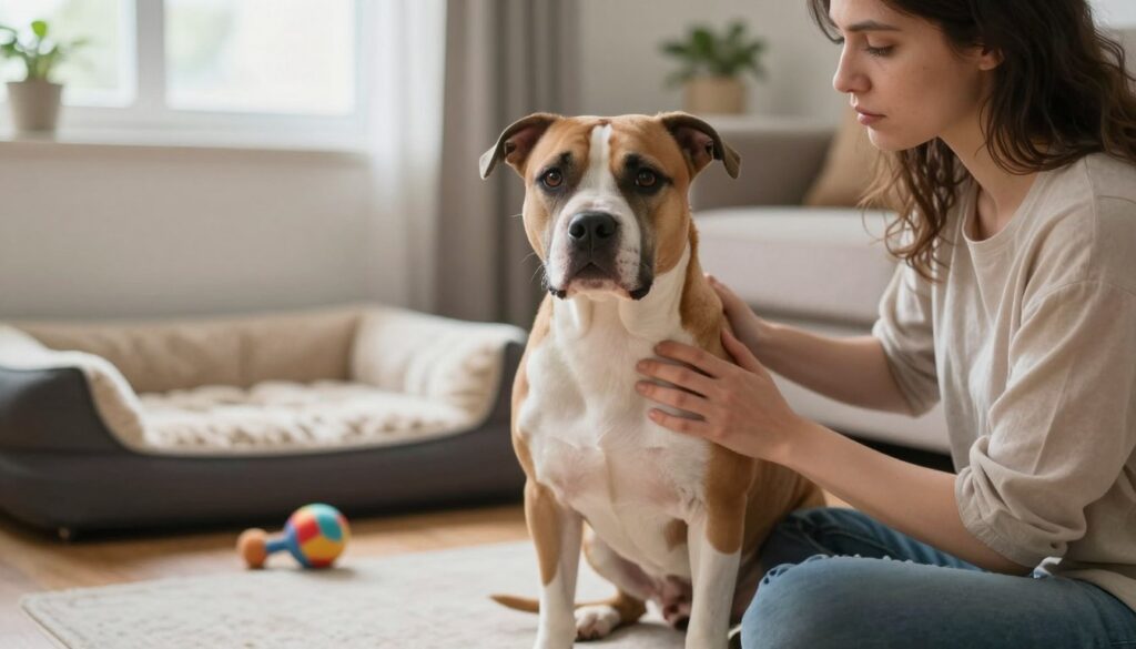 A concerned owner sits beside a distressed American Staffordshire Terrier (Amstaff) in a well-lit living room. The dog displays signs of discomfort, such as drooping ears, wide eyes, and an anxious posture, conveying its unease. In the foreground, the owner is gently touching the dog's side, showing care and attention. The middle ground features a cozy home setting, with soft lighting highlighting the textures of a plush dog bed and scattered toys. In the background, a window lets in soft natural light, enhancing the calm yet worry-filled atmosphere. The overall mood reflects the importance of recognizing pet distress, depicted through compassion and concern in a serene home environment. A concerned owner sits beside a distressed American Staffordshire Terrier (Amstaff) in a well-lit living room. The dog displays signs of discomfort, such as drooping ears, wide eyes, and an anxious posture, conveying its unease. In the foreground, the owner is gently touching the dog's side, showing care and attention. The middle ground features a cozy home setting, with soft lighting highlighting the textures of a plush dog bed and scattered toys. In the background, a window lets in soft natural light, enhancing the calm yet worry-filled atmosphere. The overall mood reflects the importance of recognizing pet distress, depicted through compassion and concern in a serene home environment.