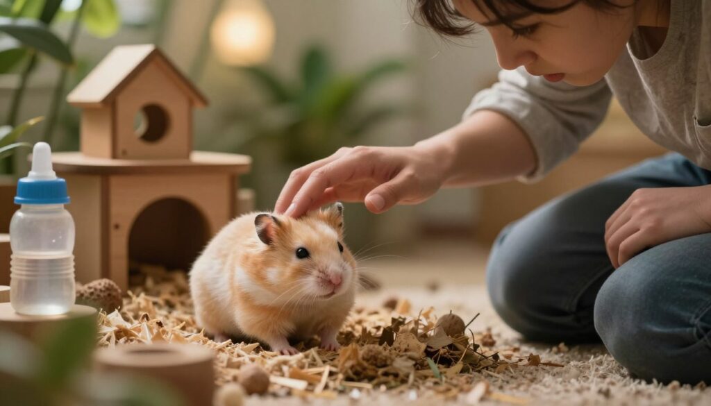 A concerned pet owner kneels next to a small hamster in a cozy, natural habitat setup. The hamster, appearing lethargic with drooping whiskers and closed eyes, sits nestled in soft bedding, its small body frail and fragile. In the foreground, the owner's hand gently reaches out to touch the hamster, expressing concern and care. The middle ground features a cozy habitat with wooden toys and a small water bottle, softly lit by warm, ambient light that creates a serene atmosphere. The background includes blurred greenery and soft lighting, evoking a sense of warmth and care. The mood is contemplative and emotional, capturing a moment of realization about the hamster's deteriorating health.