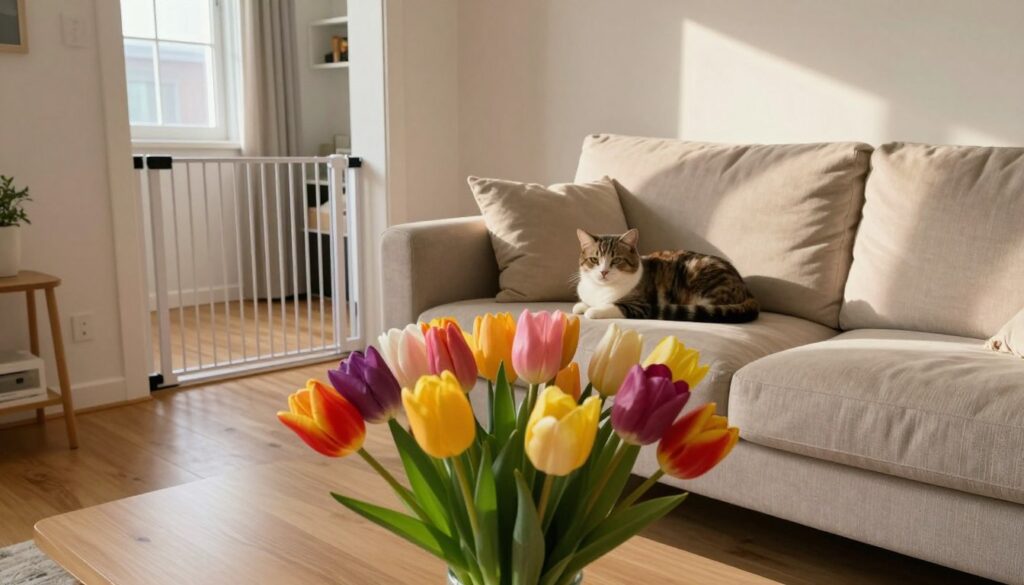 A cozy and safe home interior, featuring a bright living room with a comfortable sofa and a coffee table adorned with a bouquet of colorful tulips. In the foreground, the bouquet is carefully arranged, showcasing vibrant tulip petals alongside other non-toxic flowers. The middle layer displays a cat lounging peacefully on the sofa, while a protective gate is installed at the entrance to a nearby room. In the background, soft natural light streams through a window, casting gentle shadows and creating a warm atmosphere. The scene exudes a sense of security and tranquility, ideal for a pet-friendly environment. A cozy and safe home interior, featuring a bright living room with a comfortable sofa and a coffee table adorned with a bouquet of colorful tulips. In the foreground, the bouquet is carefully arranged, showcasing vibrant tulip petals alongside other non-toxic flowers. The middle layer displays a cat lounging peacefully on the sofa, while a protective gate is installed at the entrance to a nearby room. In the background, soft natural light streams through a window, casting gentle shadows and creating a warm atmosphere. The scene exudes a sense of security and tranquility, ideal for a pet-friendly environment.