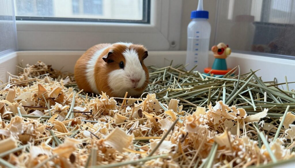 A cozy and warm indoor setting featuring a clean, safe guinea pig bedding environment. In the foreground, piles of soft, natural bedding materials like aspen shavings and hay, accurately depicting their texture and color. In the middle, a well-cared-for guinea pig playfully exploring its enclosure, adding life to the scene. The background showcases a neatly organized pet area with a water bottle and a small companion toy, emphasizing an inviting atmosphere. The lighting is soft and natural, simulating daylight filtering through a window, creating an overall mood of safety and comfort for the pet. The perspective captures a close-up view, focusing on the bedding and guinea pig to highlight their interaction.