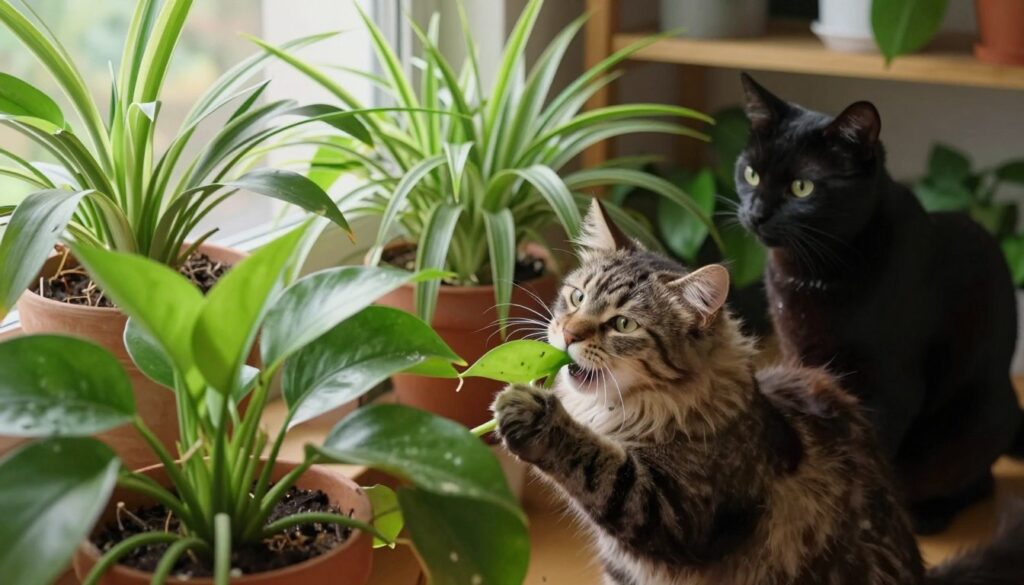 A cozy indoor scene featuring two curious cats playfully nibbling on various houseplants. In the foreground, a lush green potted plant with vibrant leaves is partially chewed, while one cat, a fluffy tabby, leans over, with its mouth gently grasping a leaf. The second cat, a sleek black feline, observes attentively from a nearby shelf. In the middle, an array of other safe plants like spider plants and pothos create a rich tapestry of greens. The background shows warm, soft lighting filtering through a window, creating a serene, inviting atmosphere. The angle is slightly elevated, capturing the playful interaction and vibrant greenery, evoking a sense of curiosity and mischief.