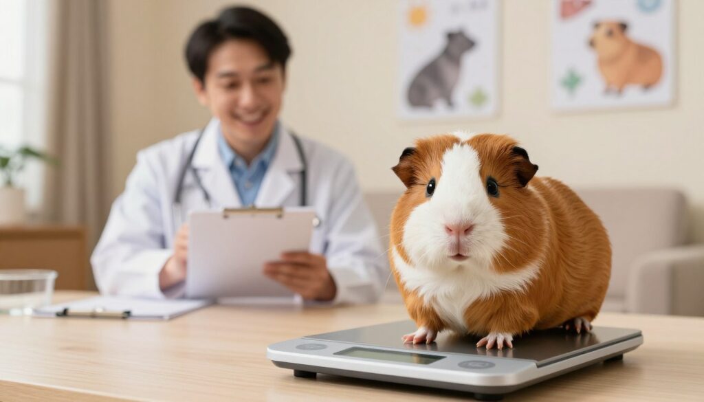 A cozy indoor setting, featuring a healthy guinea pig on a digital scale, carefully monitoring its weight. In the foreground, the guinea pig, with a soft brown and white coat, stands on the scale, looking directly at the viewer with curious eyes. In the middle ground, a friendly veterinarian in a white lab coat examines a notepad, observing the guinea pig's weight with an encouraging smile. The background showcases a warm, inviting room decorated with pet care posters and soft lighting, creating a comforting atmosphere. The scene is well-balanced, capturing the importance of weight monitoring in a fun yet informative manner. The lighting is bright, highlighting the guinea pig and the scale while maintaining a soft focus on the background elements to ensure clarity and emphasis on the subject.