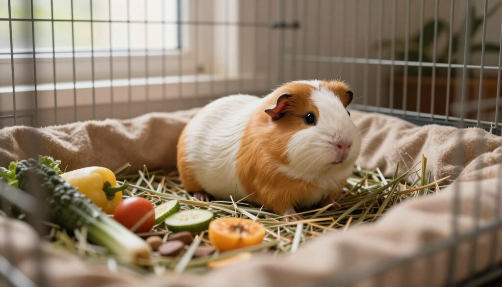 A cozy indoor setup featuring a spacious, well-furnished cage designed for a pregnant guinea pig. In the foreground, the cage is filled with soft bedding, fresh hay, and a variety of healthy snacks like vegetables and fruits, highlighting a nurturing environment. In the middle ground, a serene, pregnant guinea pig rests comfortably, with a gentle expression that conveys calmness and safety. The background includes warm, natural lighting filtering through a nearby window, adding a soft glow that enhances the sense of tranquility. The atmosphere is peaceful and caring, emphasizing the importance of a stress-free space for the expectant pet. The image should evoke feelings of warmth, safety, and attentive care for pregnant guinea pigs.