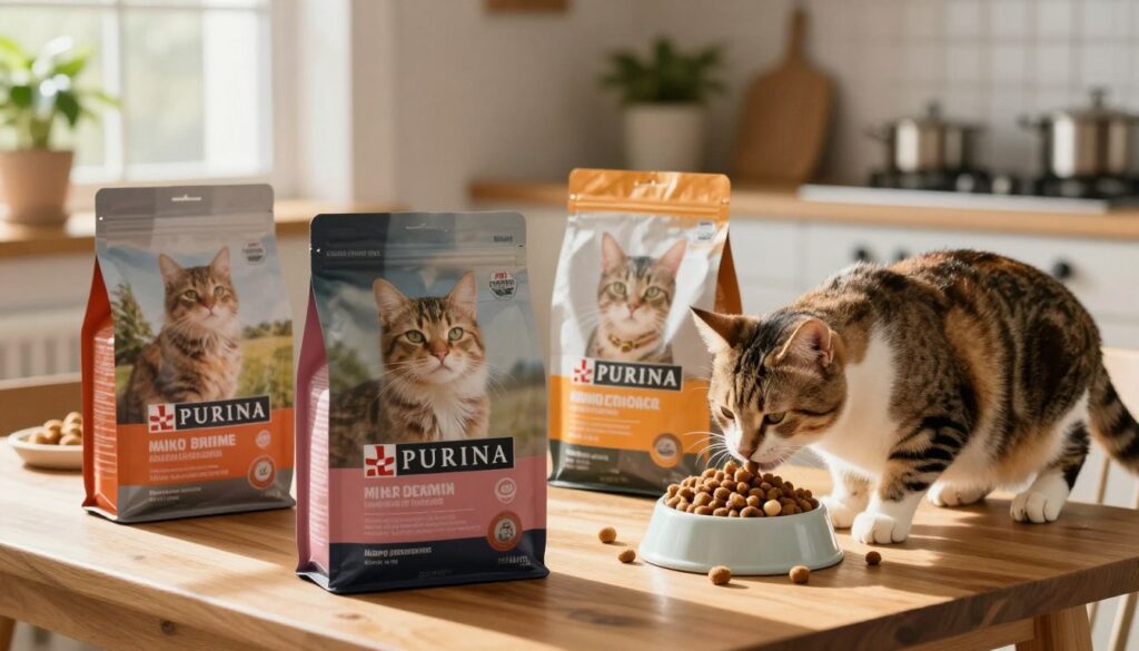 A cozy, inviting kitchen scene featuring a variety of cat food brands arranged on a wooden table, with Purina prominently displayed in the foreground. A healthy, happy cat sniffing around the different brands, capturing its curiosity and playful spirit. Sunlight streams through a window, creating soft shadows and highlights that enhance the warm atmosphere. In the background, a cat food bowl filled with kibble and some scattered treats, with a potted plant adding a touch of greenery. The overall mood is informative yet friendly, ideal for discussing pet nutrition. The image should be well-lit and vibrant, with a focus on texture and detail in the cat food packaging.