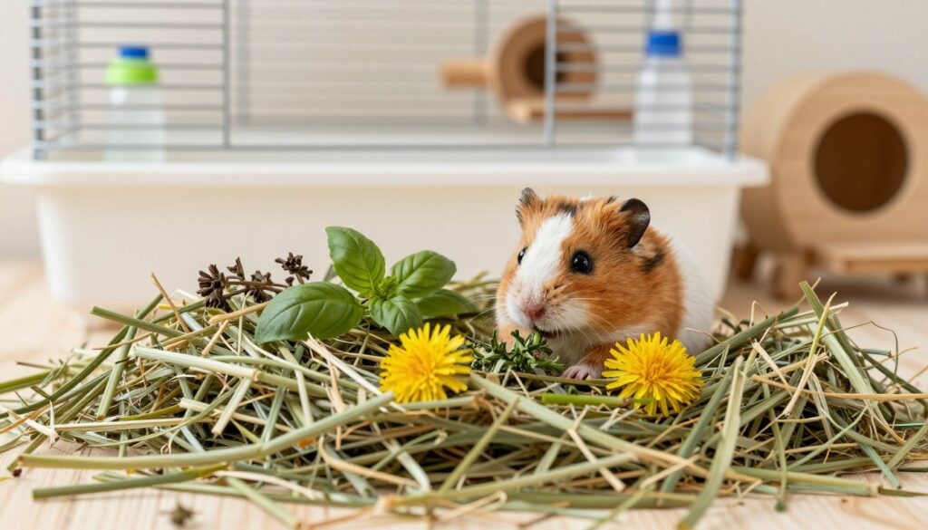 A cozy pet habitat scene featuring a pile of soft, green hay suitable for small animals, specifically for Syrians hamsters. In the foreground, a mound of fresh, fragrant hay is artistically arranged, with vibrant dried herbs like basil and dandelion interspersed among the strands. In the middle ground, a small, curious Syrian hamster is nuzzling the hay and inspecting the herbs, showcasing its fluffy fur in natural light. The background displays a clean and bright hamster cage, adorned with wooden toys and a small water bottle, enhancing the sense of a healthy environment. The setting is warmly lit, creating a serene and inviting atmosphere, perfect for an article on diet for pets.