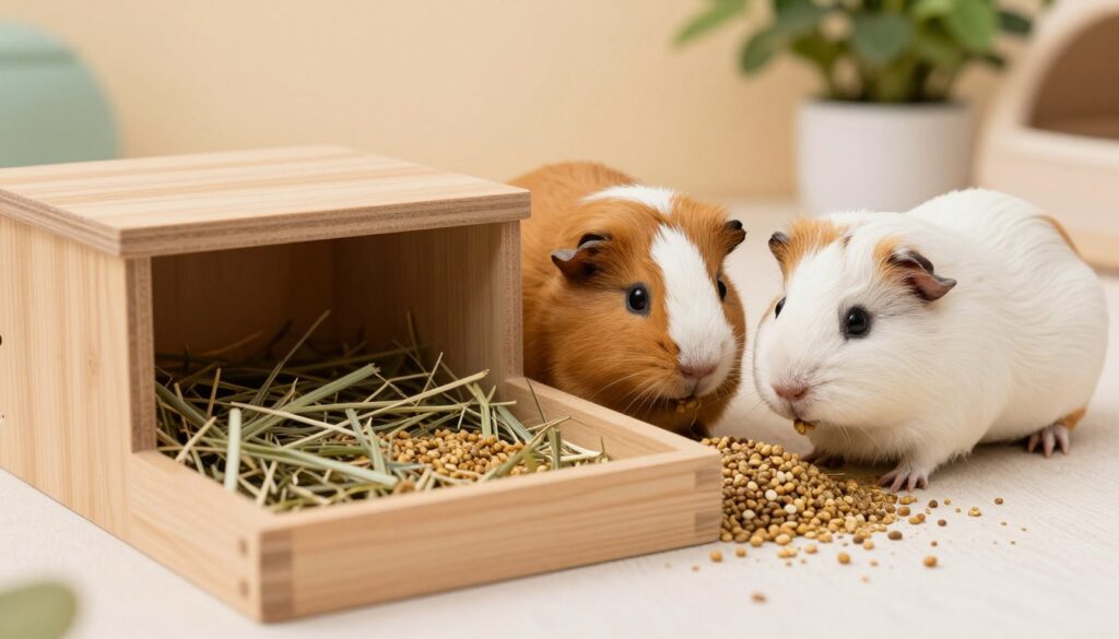 A cozy pet habitat scene featuring a well-designed guinea pig feeding station. In the foreground, a wooden feeding dish filled with fresh hay and pellets, arranged neatly to minimize spillage. Beside it, a stylish, raised feeder that encourages the guinea pigs to eat from it without spreading food around. The middle ground includes two adorable guinea pigs, one light brown and one white, nuzzling near the feeding station, depicting their natural behavior while enjoying their meal. In the background, soft lighting enhances the warmth of the environment, with a touch of greenery and a cheerful atmosphere created by soft pastel colors. The scene conveys a sense of care and comfort for the pets, capturing the essence of a tidy and inviting space for them to eat.