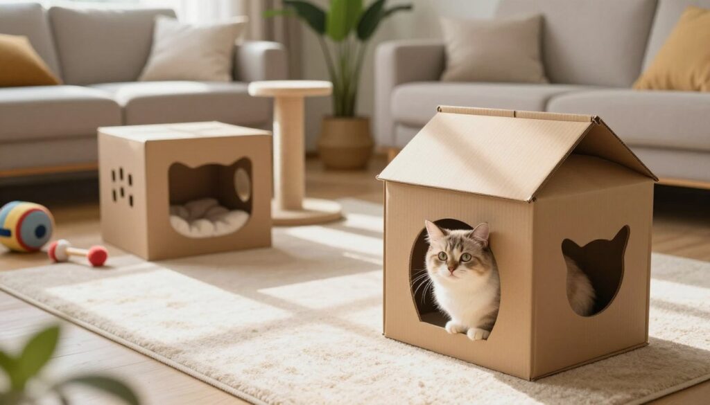 A cozy, playful scene featuring a cardboard box designed for cats, artistically arranged in a warm, inviting living room setting. In the foreground, a fluffy cat is peeking out from a cardboard house, its curiosity apparent, with soft fur details highlighted in natural sunlight streaming through a nearby window. In the middle, additional cardboard structures can be seen, one serving as a cat bed, and another shaped like a makeshift scratching post. The background shows a comfortable lounge area with scattered cat toys, plants, and a soft rug, enhancing the homely atmosphere. The overall mood is playful and serene, capturing the joy and comfort that cardboard boxes provide to cats. Use soft, diffused lighting to create a warm vibe, with a slightly elevated angle to capture the full scene.