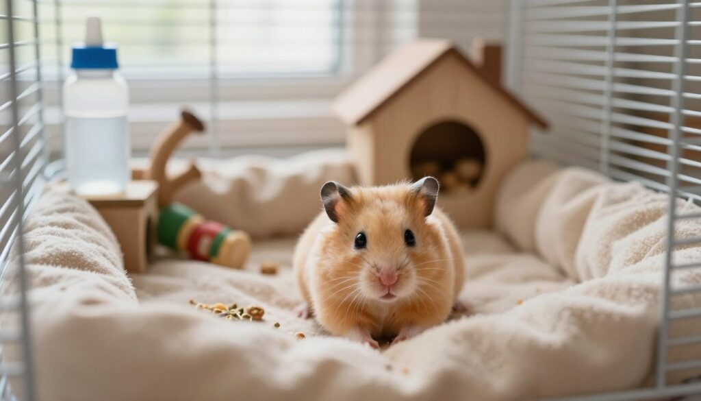 A cozy scene depicting the first day of a Syrian hamster in its new home, showcasing the little creature nestled in soft, warm bedding within a spacious, well-furnished cage. In the foreground, the adorable hamster, with soft golden fur and large, expressive eyes, curiously exploring its surroundings. The middle ground features the essentials of its habitat: a small water bottle, chew toys, and hidden treats, creating an inviting atmosphere. In the background, soft natural lighting filters in, illuminating the cage through a window, enhancing the calm and peaceful mood. The overall ambiance is serene and gentle, emphasizing trust and comfort, with no distractions or clutter in the scene to keep the focus on the hamster's new environment.