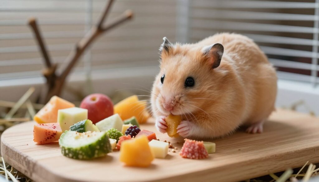 A cozy scene featuring a Syrian hamster delicately nibbling on colorful treats, such as small pieces of fruits and vegetables, placed on a wooden platform. In the foreground, the hamster's soft, fluffy fur is highlighted under soft, natural lighting, capturing its playful expressions and curiosity. The middle ground includes a variety of treats, arranged artfully around the hamster, with a gentle focus on their vibrant colors and textures, emphasizing their freshness. In the background, a softly blurred cage setting with natural elements like small branches and hay enhances the environment, creating a warm, inviting atmosphere. The overall mood is calm and nurturing, reflecting the bond between the hamster and its caregiver.