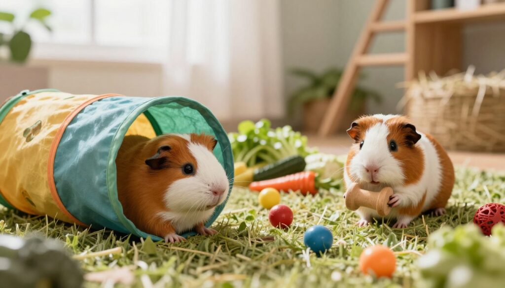 A cozy scene featuring two playful guinea pigs in a lush, green indoor habitat. In the foreground, one guinea pig is peeking out curiously from a colorful tunnel made of soft fabric, while the other is happily chewing on a wooden chew toy. In the middle, a scattering of small toys and fresh vegetables forms a vibrant play area, encouraging exploration. The background shows a bright, sunlit room with a soft focus, with scattered hay and climbing structures, adding warmth to the atmosphere. Soft, natural lighting illuminates the scene, creating a joyful and inviting mood, perfect for showcasing the playful nature of these adorable pets.