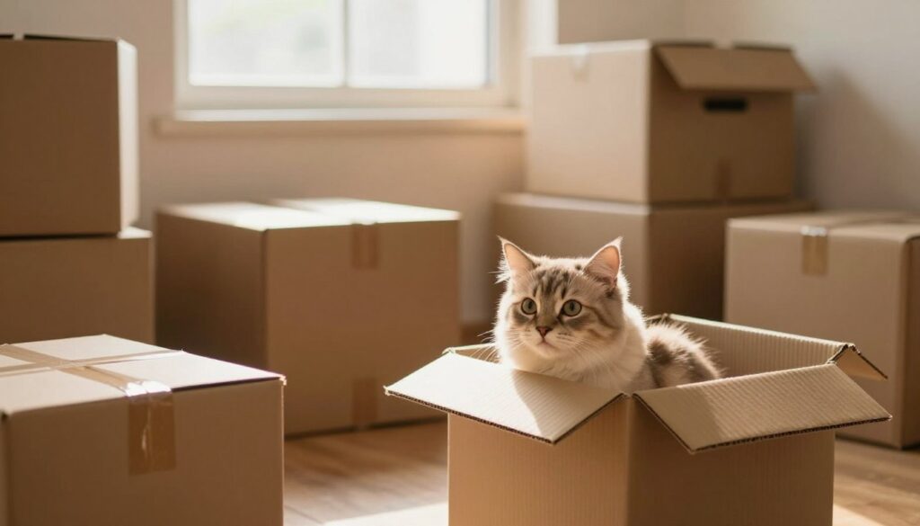 A cozy, sunlit room filled with various cardboard boxes of different shapes and sizes, creating a playful atmosphere. In the foreground, a fluffy, curious cat peeks out from a small, open box, with its ears perked up, embodying a sense of curiosity and safety. The middle ground features a couple of slightly larger boxes that form a safe haven, their edges softened by warm, golden sunlight filtering through a nearby window. In the background, soft shadows enhance the warmth of the atmosphere, hinting at a comfortable living space. The lighting is soft and natural, evoking a peaceful, serene mood. The cat's fur is illuminated, giving it a soft glow. The overall scene captures the essence of security and exploration for a cat in its cardboard sanctuary.