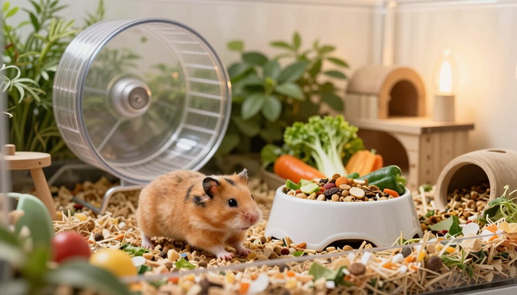 A cozy, well-maintained habitat for hamsters, highlighting various aspects affecting their health. In the foreground, a vibrant hamster running on a wheel, showcasing a lively expression, surrounded by colorful bedding material. In the middle ground, a clean food bowl filled with fresh vegetables and hamster pellets, emphasizing a balanced diet. Lush greenery and safe toys scattered throughout the space to indicate mental stimulation and safety. In the background, a softly illuminated corner to represent a serene environment, with gentle, natural lighting creating a warm atmosphere. A focus on the overall wellness of the hamster community, depicting a safe and stress-free environment conducive to their longevity.