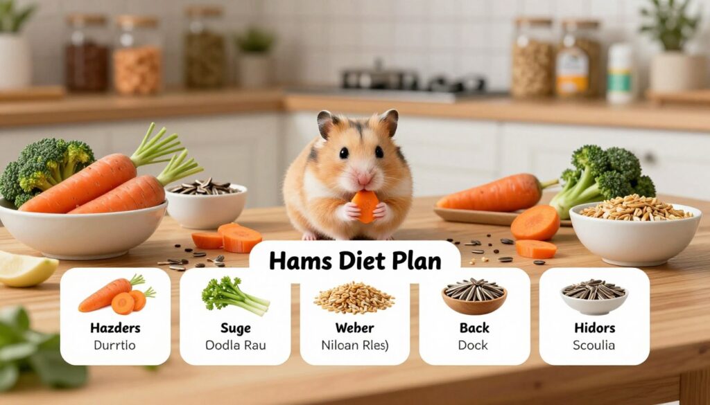 A cozy, well-organized kitchen scene featuring a beautifully laid out weekly hamster diet plan. In the foreground, showcase a charming wooden table with bowls of fresh vegetables, seeds, and grains appropriate for a dwarf hamster's diet, like carrots, broccoli, and sunflower seeds. In the middle ground, display a cute, friendly hamster munching on a piece of carrot, surrounded by colorful food options. The background should consist of soft, warm lighting to create a welcoming atmosphere, with a faintly blurred backdrop of kitchen shelves filled with jars of pet food and hamster care essentials. The overall mood should be informative yet inviting, emphasizing the importance of a balanced diet for young hamsters and females. A cozy, well-organized kitchen scene featuring a beautifully laid out weekly hamster diet plan. In the foreground, showcase a charming wooden table with bowls of fresh vegetables, seeds, and grains appropriate for a dwarf hamster's diet, like carrots, broccoli, and sunflower seeds. In the middle ground, display a cute, friendly hamster munching on a piece of carrot, surrounded by colorful food options. The background should consist of soft, warm lighting to create a welcoming atmosphere, with a faintly blurred backdrop of kitchen shelves filled with jars of pet food and hamster care essentials. The overall mood should be informative yet inviting, emphasizing the importance of a balanced diet for young hamsters and females.